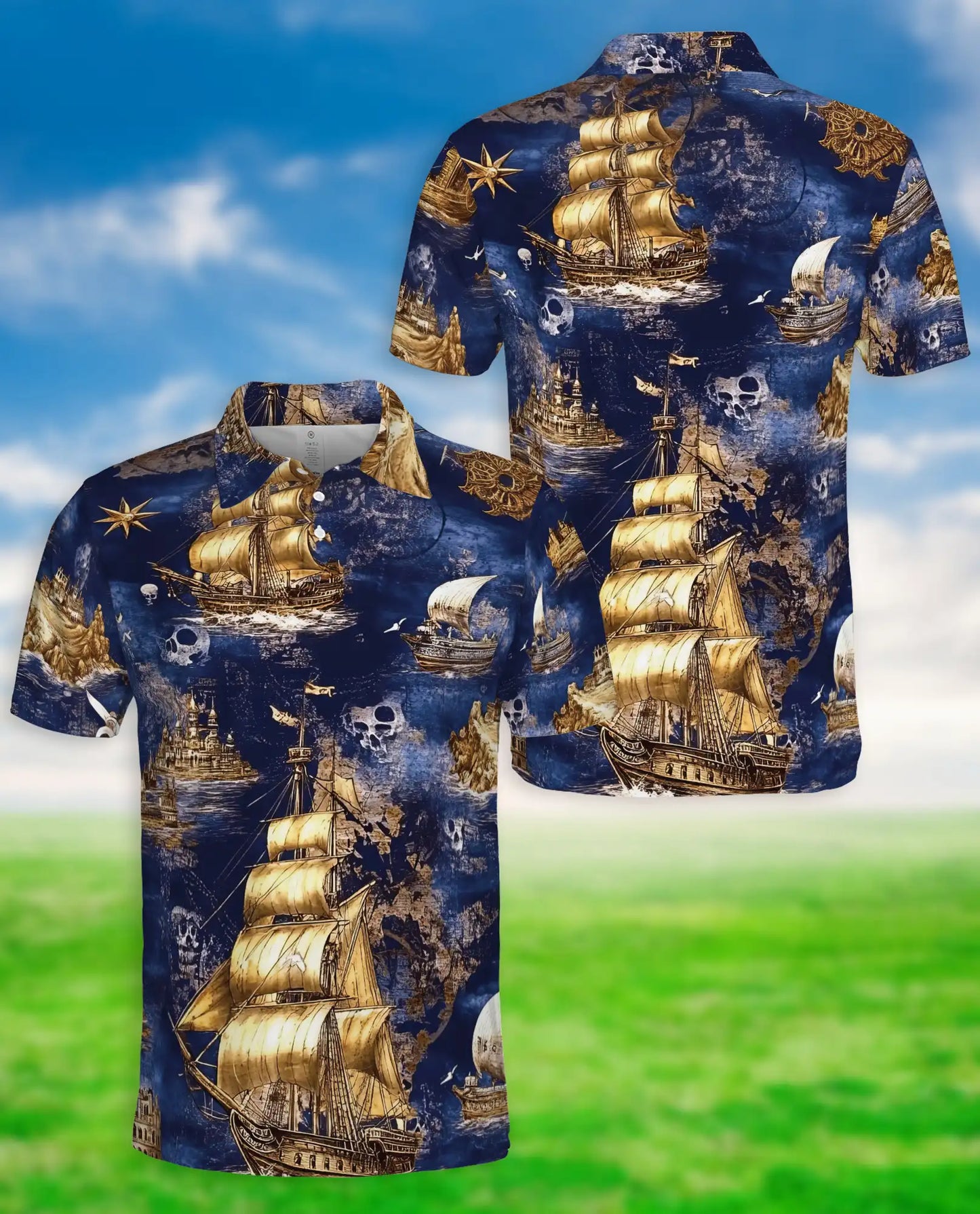 Vintage Pirate Ship 3D Polo Shirt for Men, Nautical Skull Ocean Style | Azhawaiian