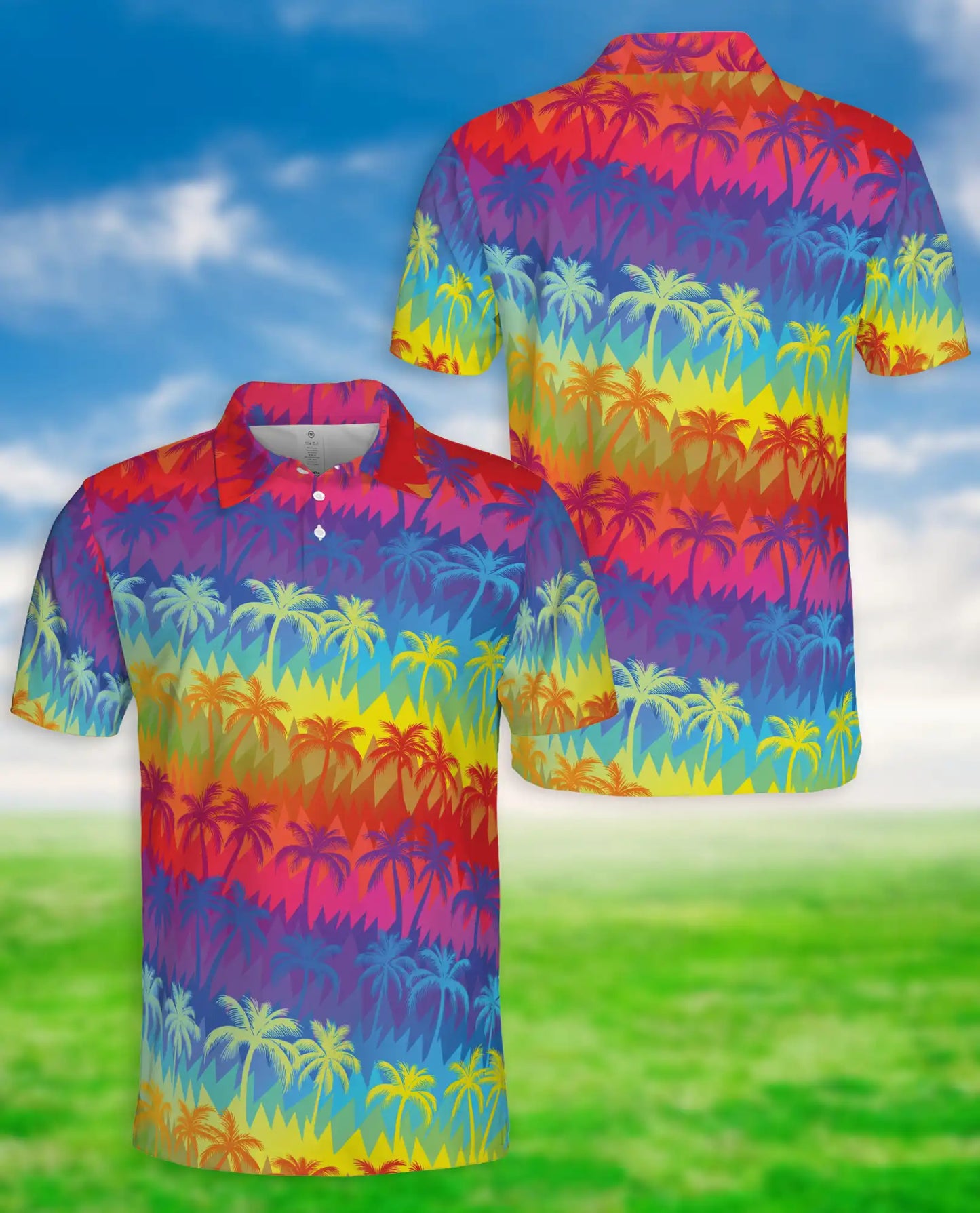 Rainbow Palm Tree Polo Shirt, Tropical Sunset Paradise Print | Azhawaiian