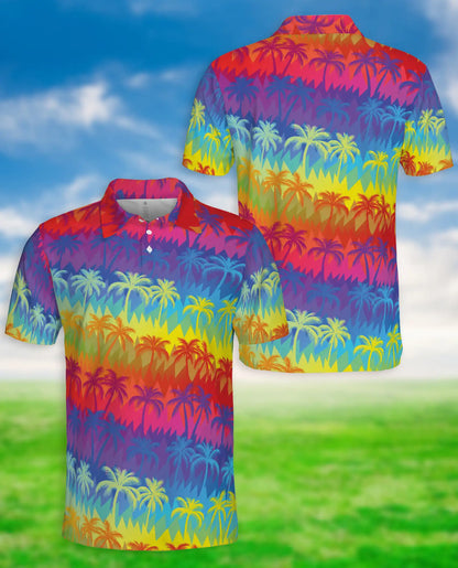 Rainbow Palm Tree Polo Shirt, Tropical Sunset Paradise Print | Azhawaiian