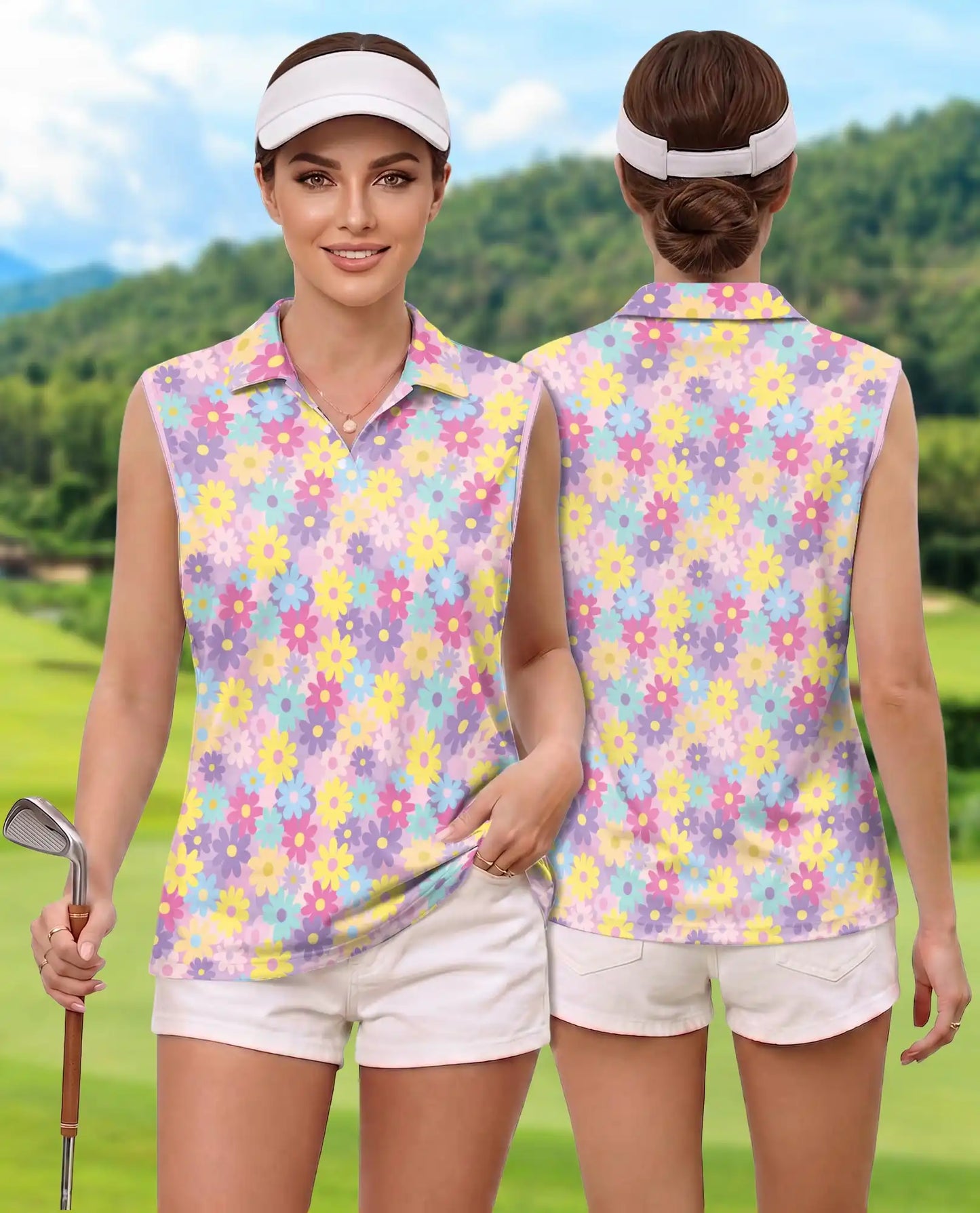 Groovy Flower Pattern Sleeveless Polo Shirt for Women | Azhawaiian