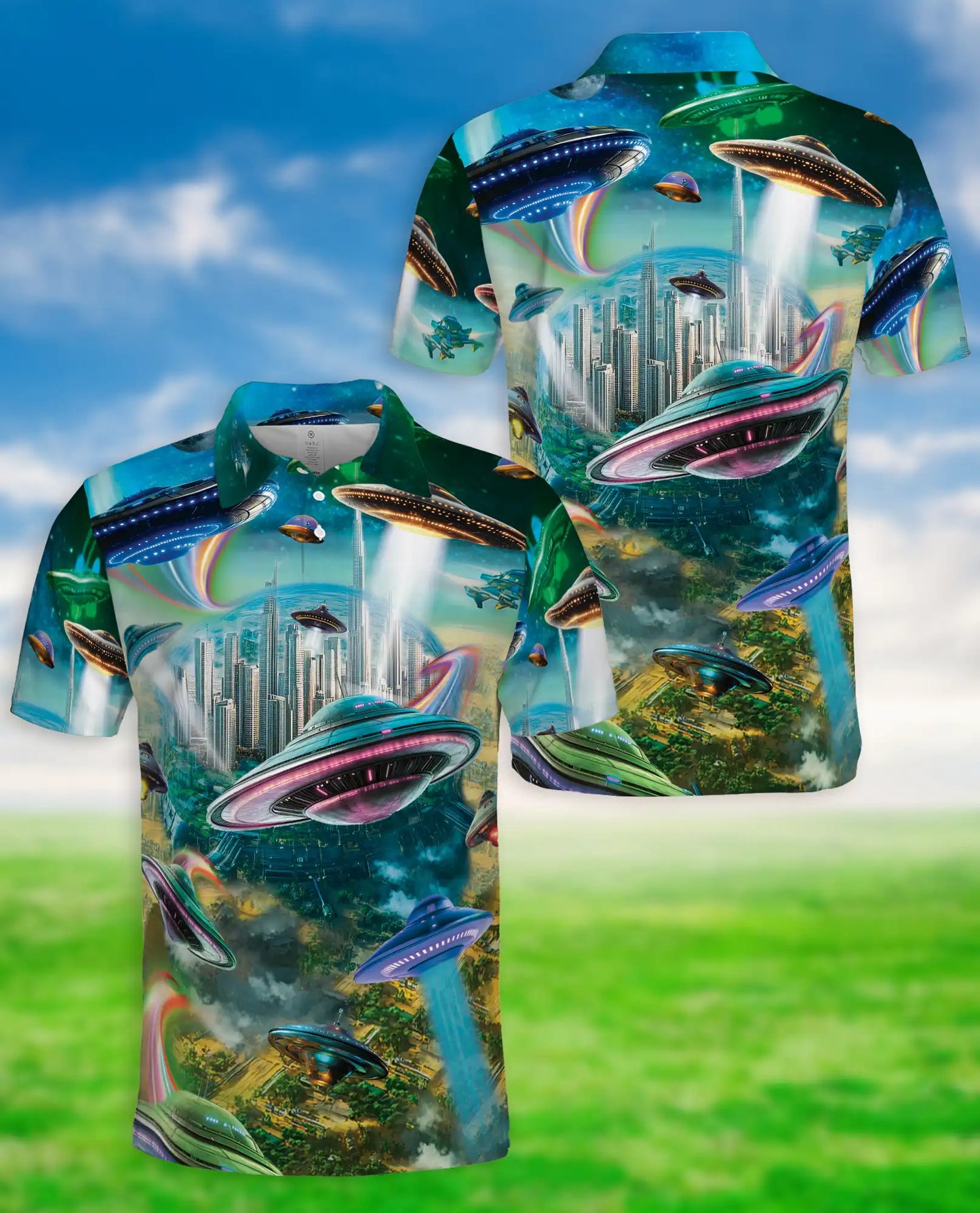 UFO Polo Shirt, Futuristic Sci-Fi City Print | Azhawaiian