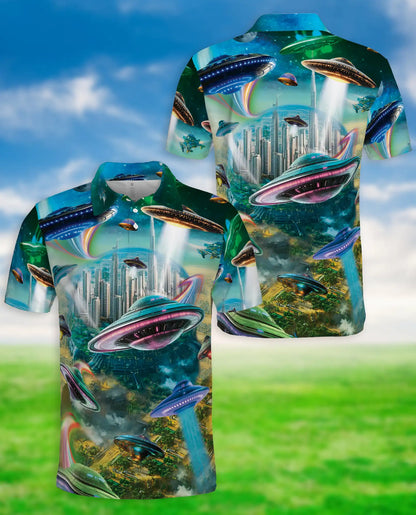 UFO Polo Shirt, Futuristic Sci-Fi City Print | Azhawaiian