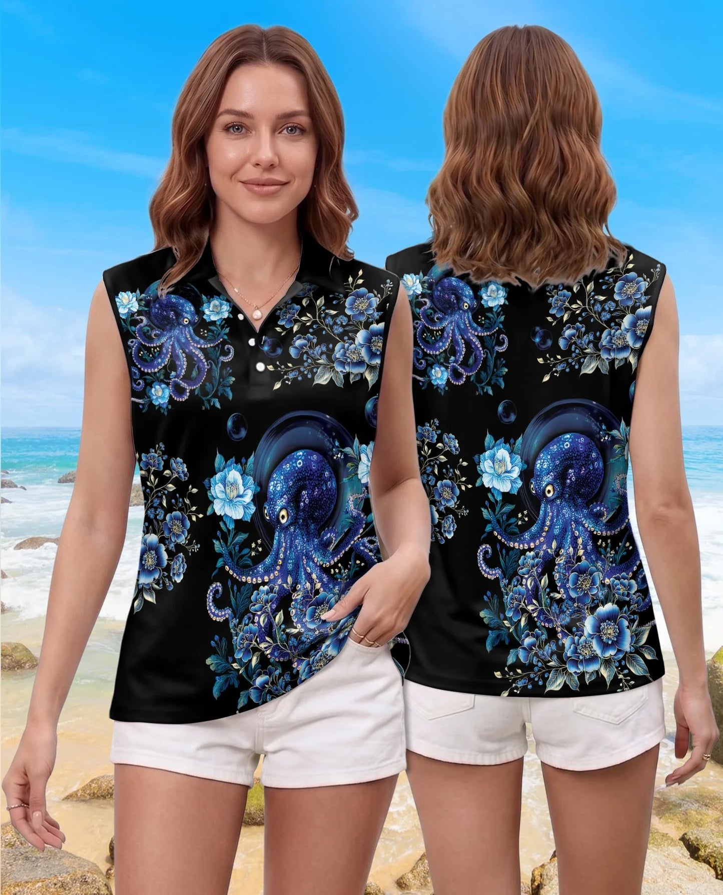 Octopus Flower Sleeveless Polo Shirt for Women | Azhawaiian