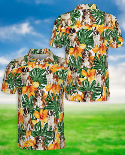 Saint Bernard Polo Shirt, Tropical Floral Dog Print | Azhawaiian