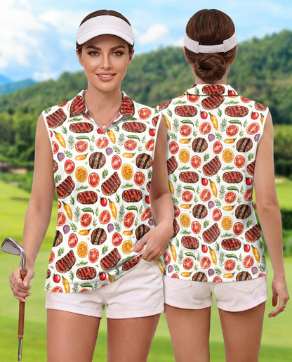BBQ Pattern Sleeveless Polo Shirt for Women | Azhawaiian