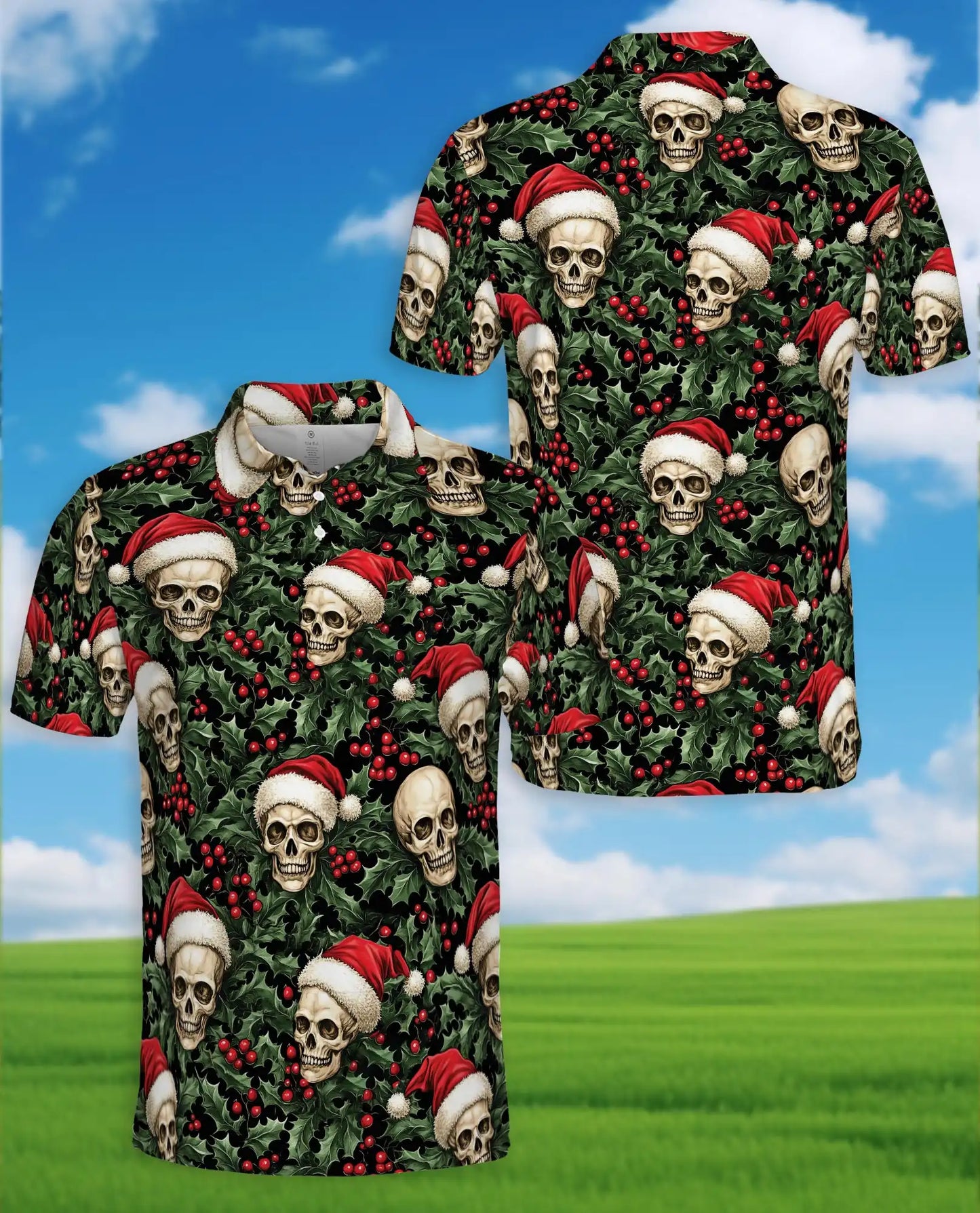 Christmas Skull 3D Polo Shirt for Men, Gothic Holiday Santa Style | Azhawaiian