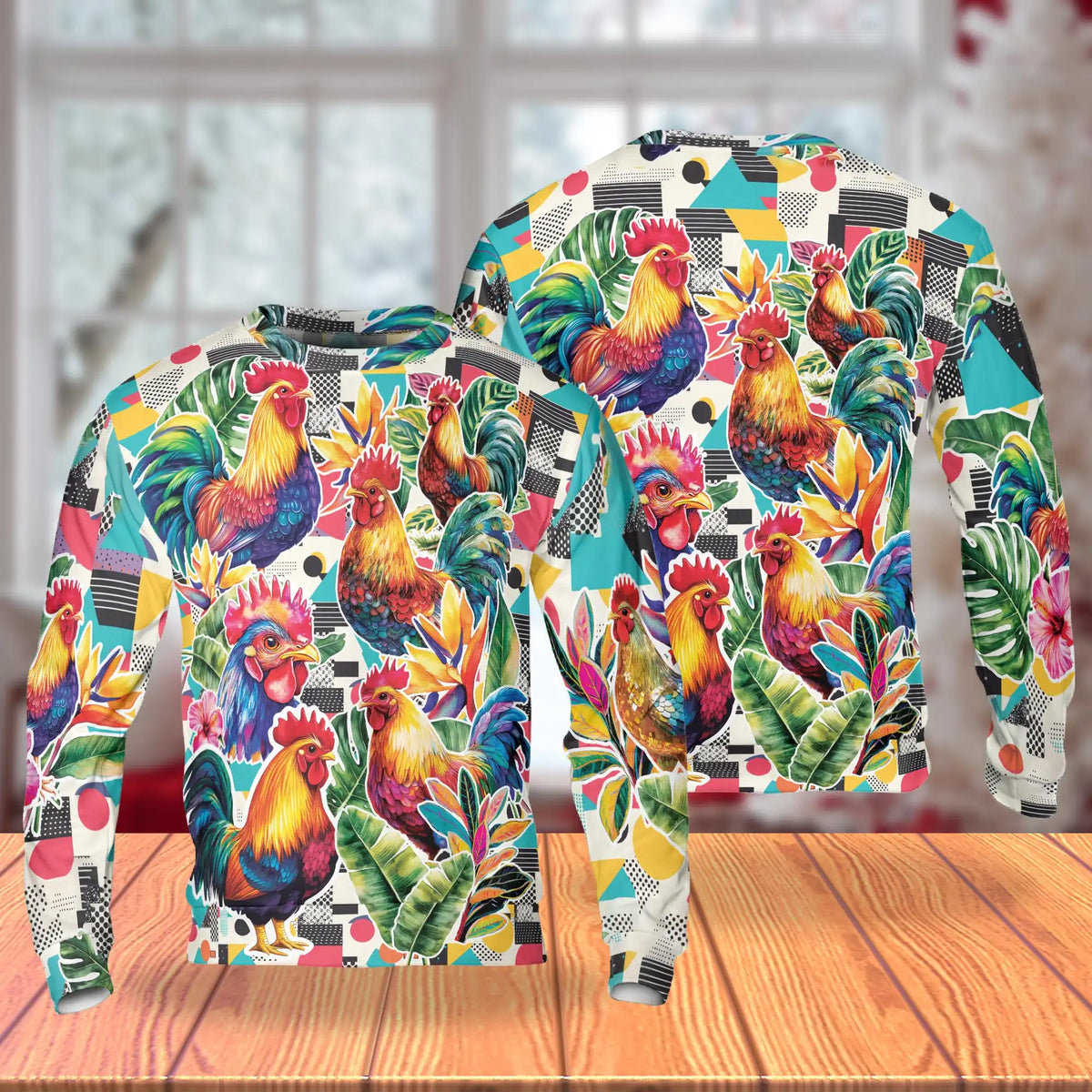 Vibrant Rooster Tropical Leaves Sweatshirt – Tropical 3D All Over Print Design