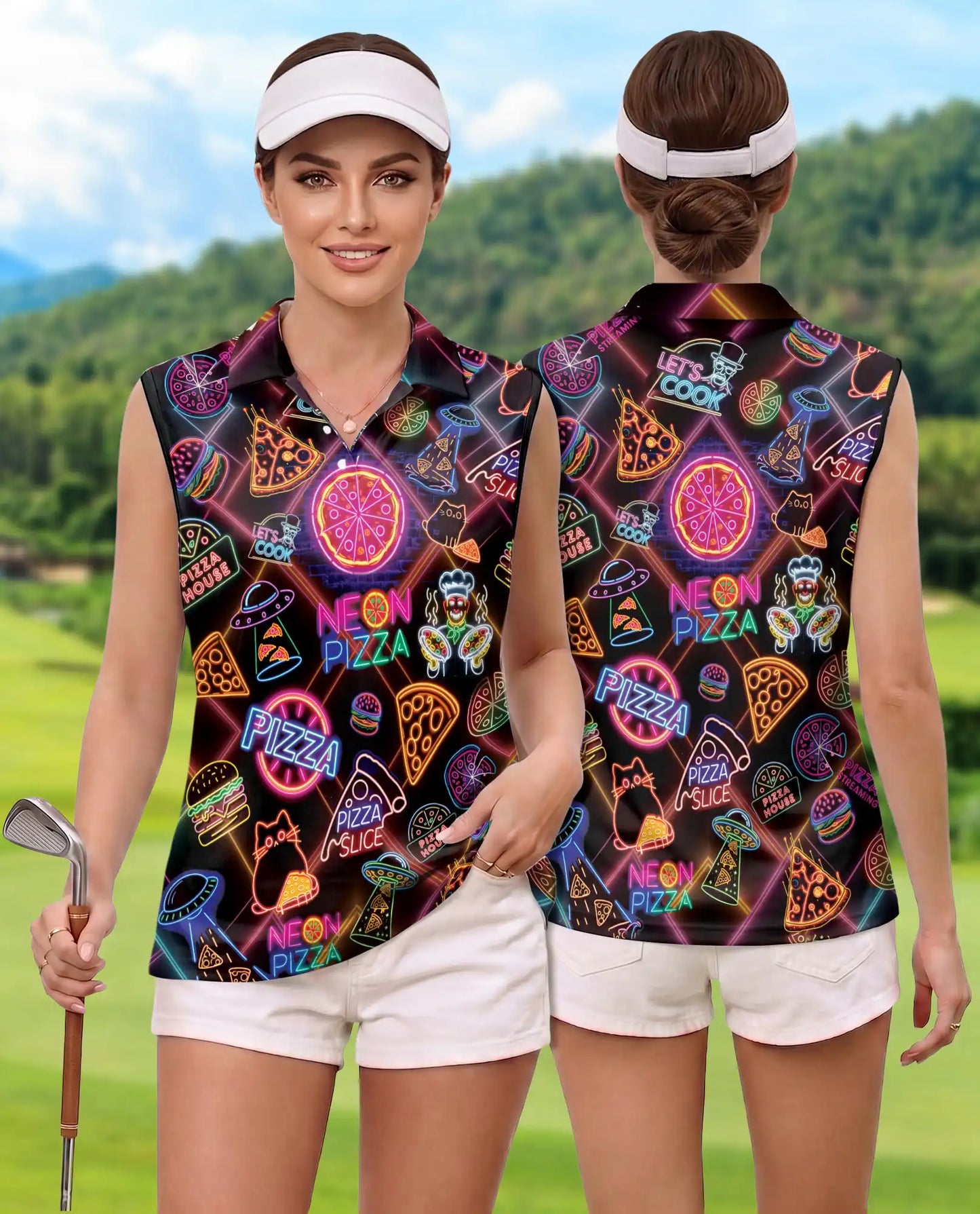Retro Neon Pizza Sign Pattern Sleeveless Polo Shirt for Women | Azhawaiian