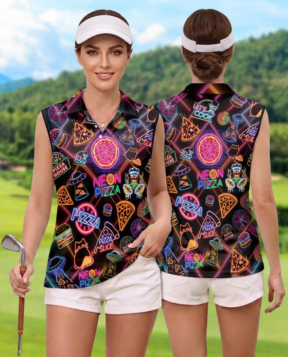 Retro Neon Pizza Sign Pattern Sleeveless Polo Shirt for Women | Azhawaiian