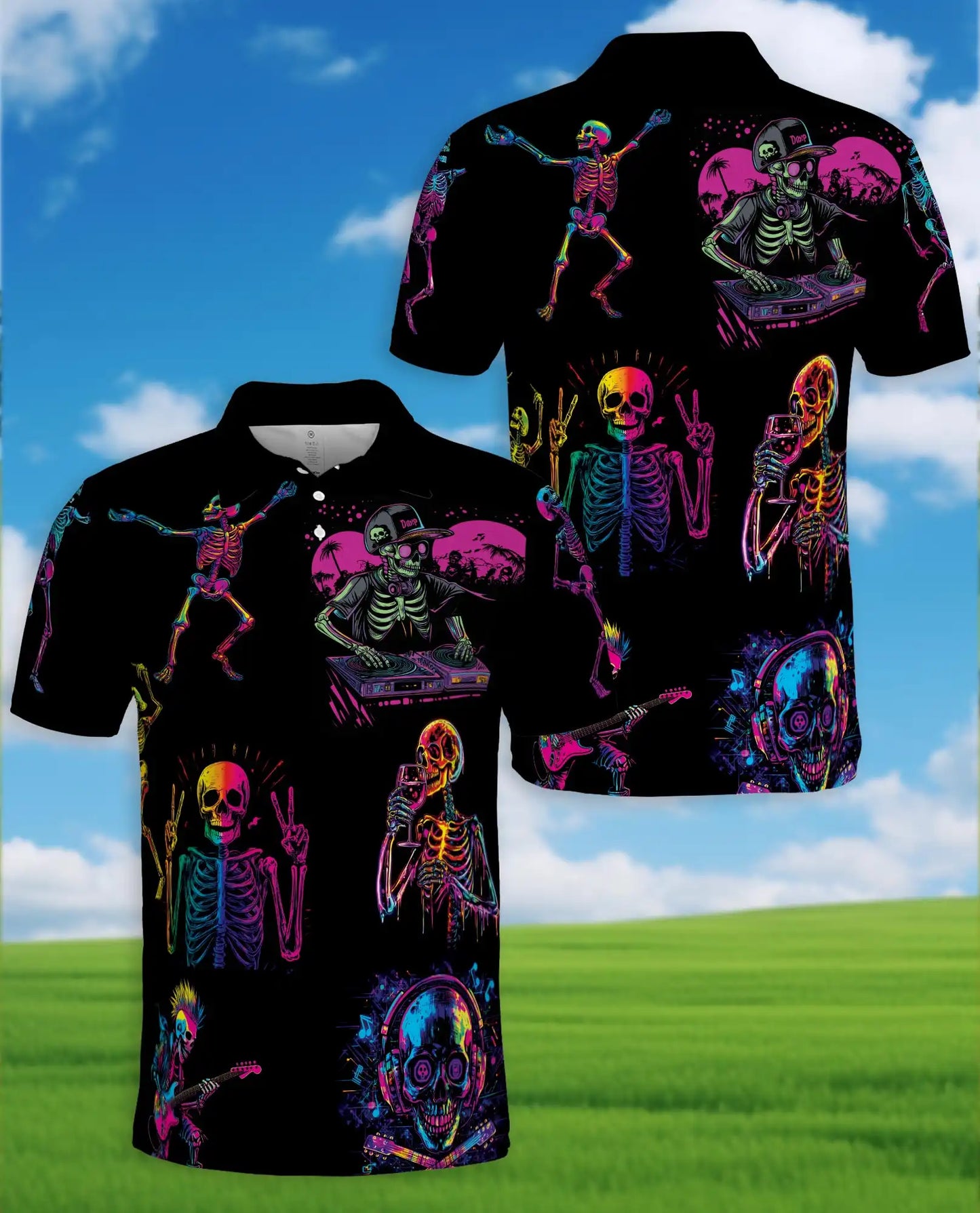 Neon Skeleton Polo Shirt - Retro Music Festival Style | Azhawaiian