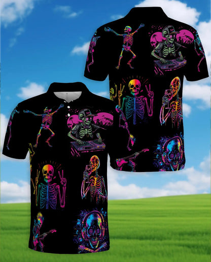Neon Skeleton Polo Shirt - Retro Music Festival Style | Azhawaiian
