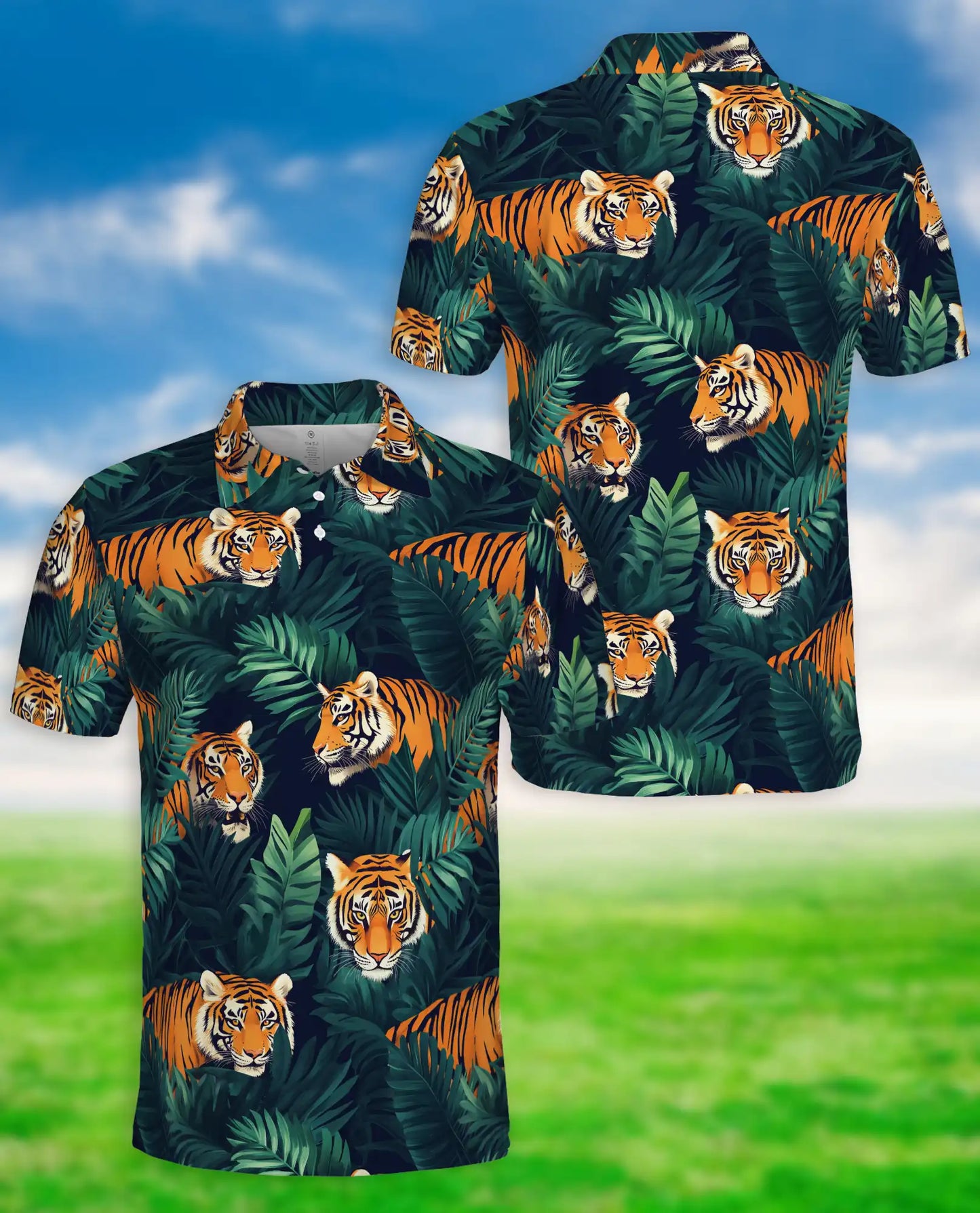 Tiger Jungle 3D Polo Shirt for Men, Wild Animal Tropical Leaf Style | Azhawaiian