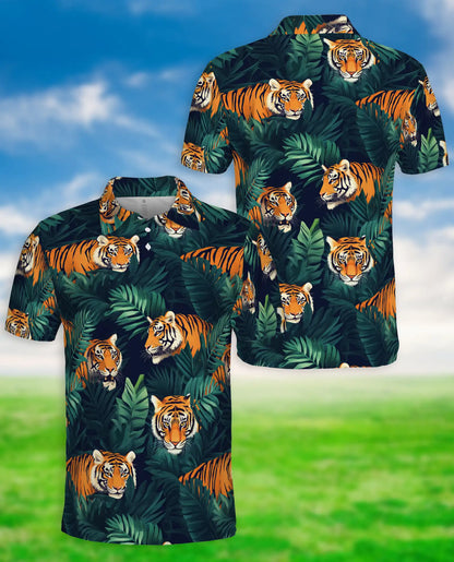 Tiger Jungle 3D Polo Shirt for Men, Wild Animal Tropical Leaf Style | Azhawaiian