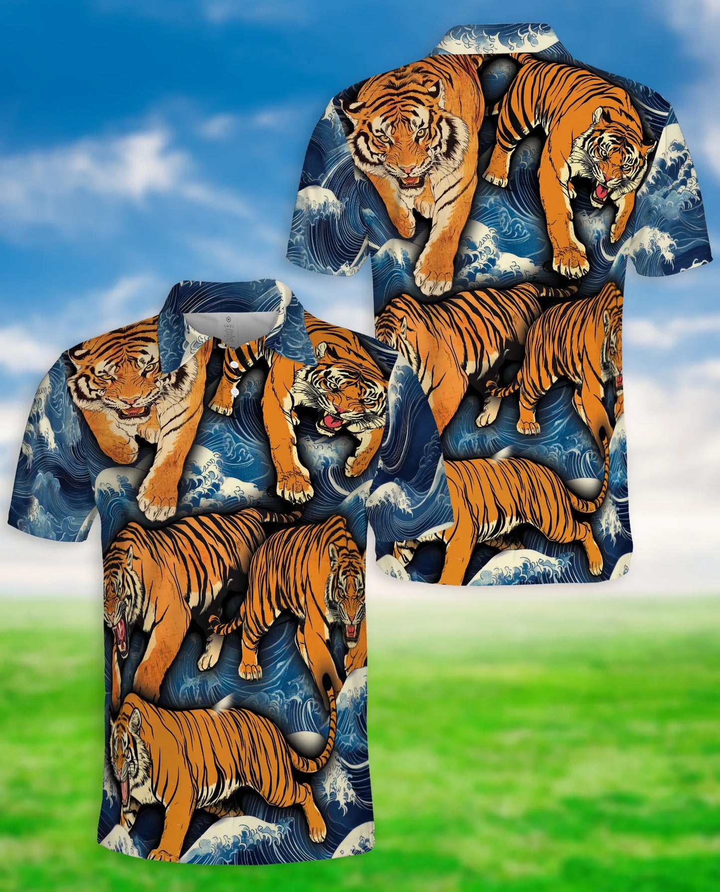 Tiger Wave 3D Polo Shirt for Men, Japanese Ocean Animal Style | Azhawaiian