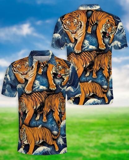 Tiger Wave 3D Polo Shirt for Men, Japanese Ocean Animal Style | Azhawaiian
