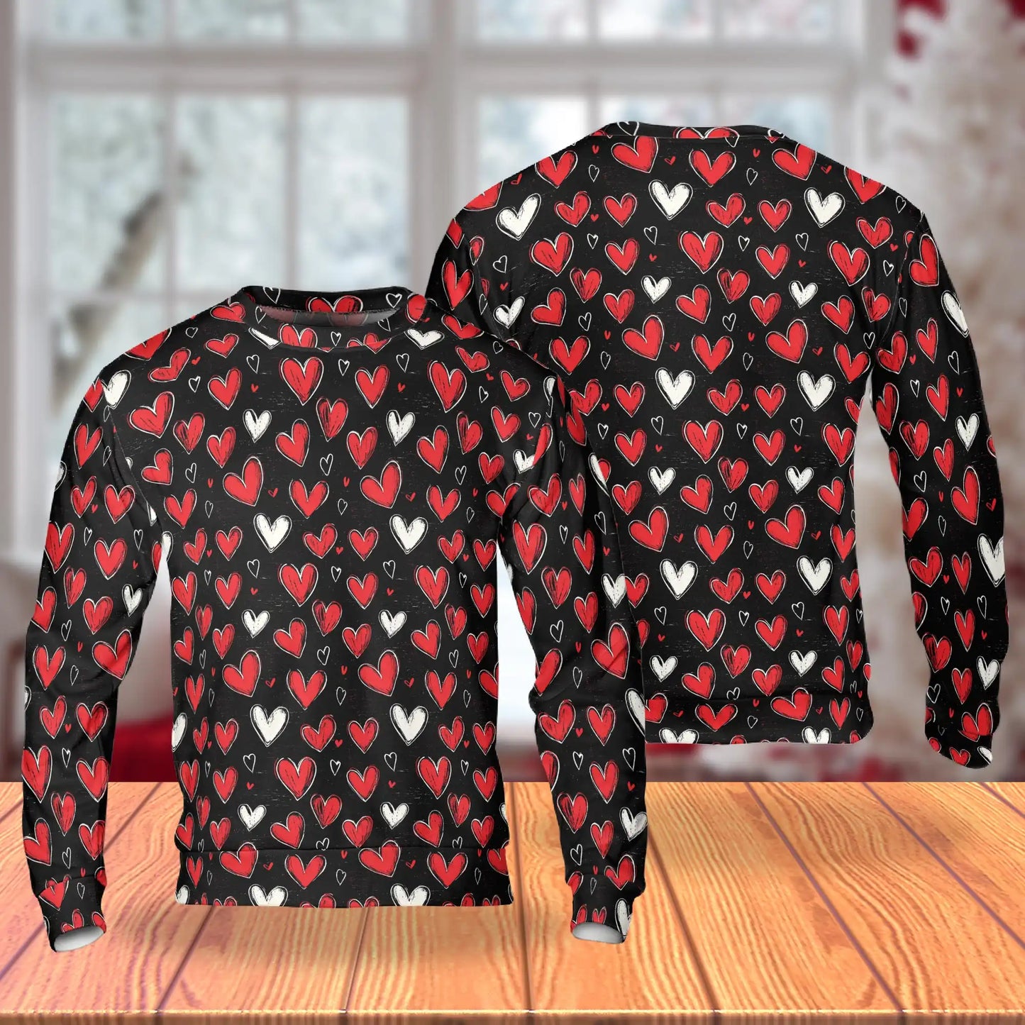 Red and White Heart Pattern Sweatshirt – Colorful Graphic 3D All Over Print Design