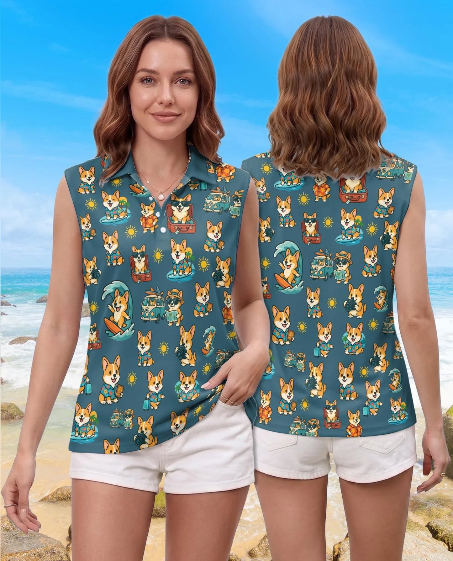 Cute Corgi Summer Beach Sleeveless Polo Shirt for Women, Dog Lover Style | Azhawaiian