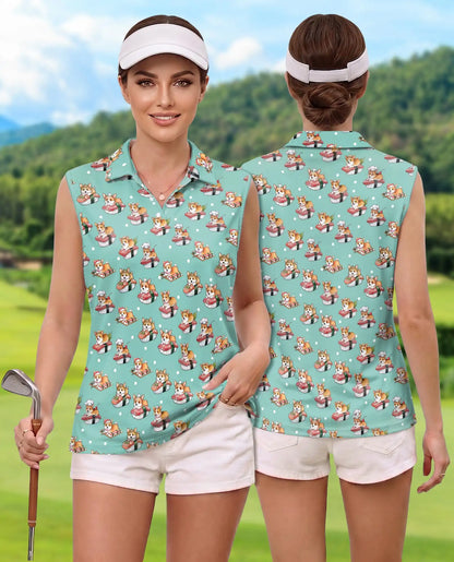 Corgi Sushi Print Sleeveless Polo Shirt for Women, Cute Dog Food Lover Style | Azhawaiian