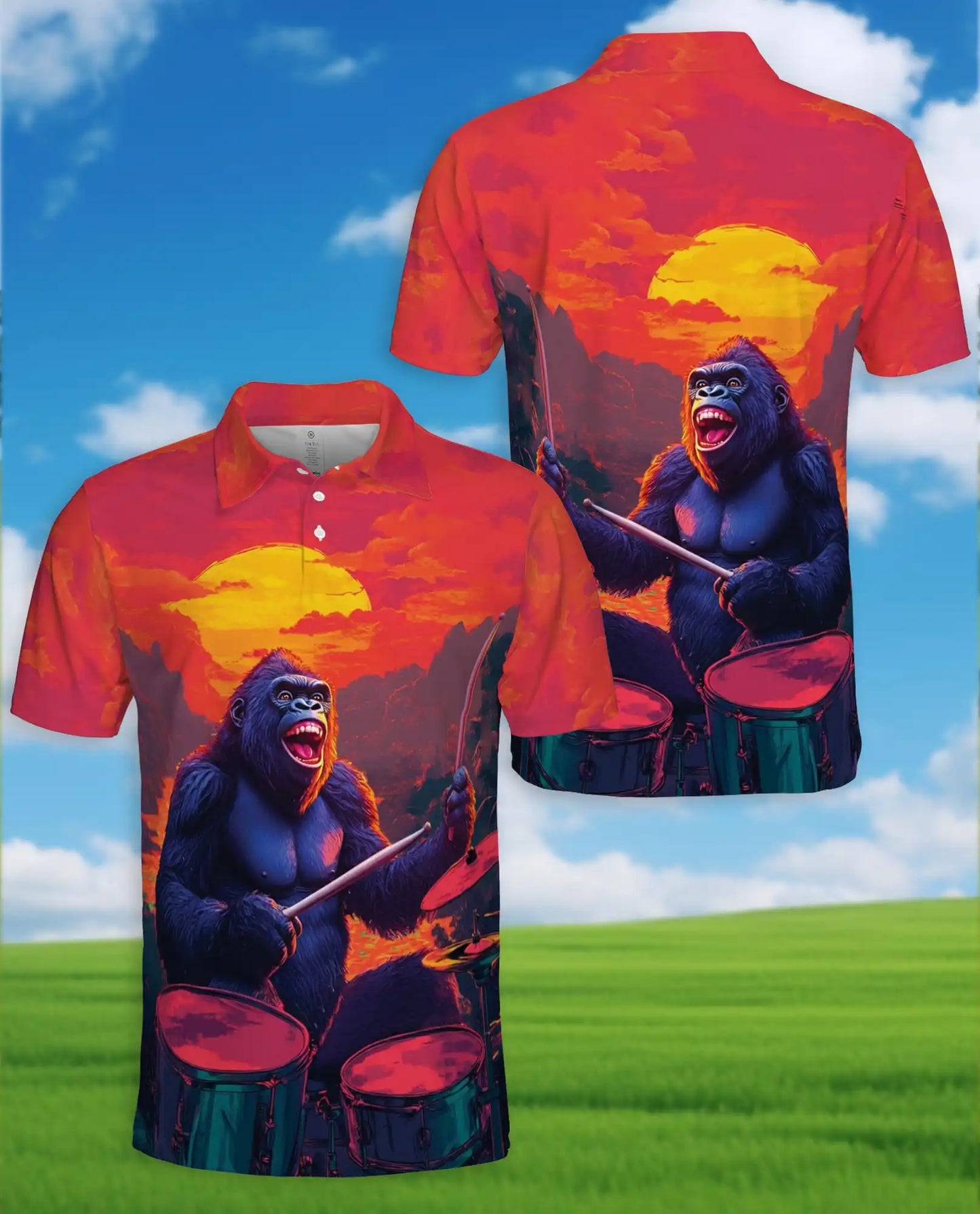 Funny Gorilla Drummer Polo Shirt - Sunset Rock Music Style | Azhawaiian