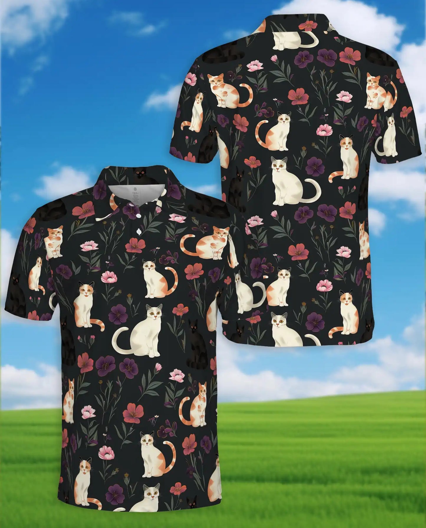 Cat Floral Polo Shirt - Cute Kitty Garden Style | Azhawaiian