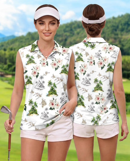 Tropical Floral Sleeveless Polo Shirt for Women | Azhawaiian