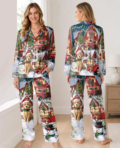 Christmas Dog Pajama Set for Women, Puppy Holiday Sleepwear with Winter Design