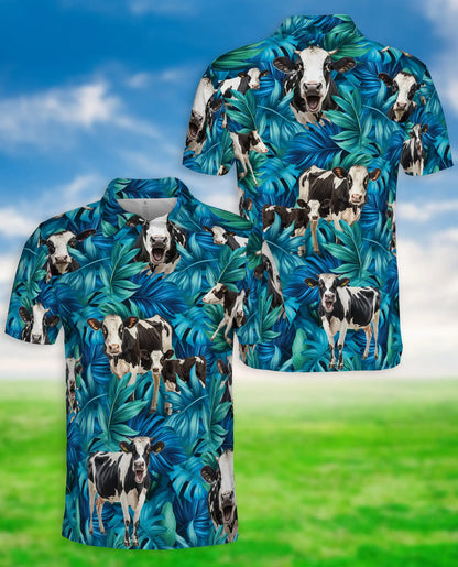 Cow Tropical Leaf 3D Polo Shirt for Men, Farm Animal Hawaiian Style | Azhawaiian