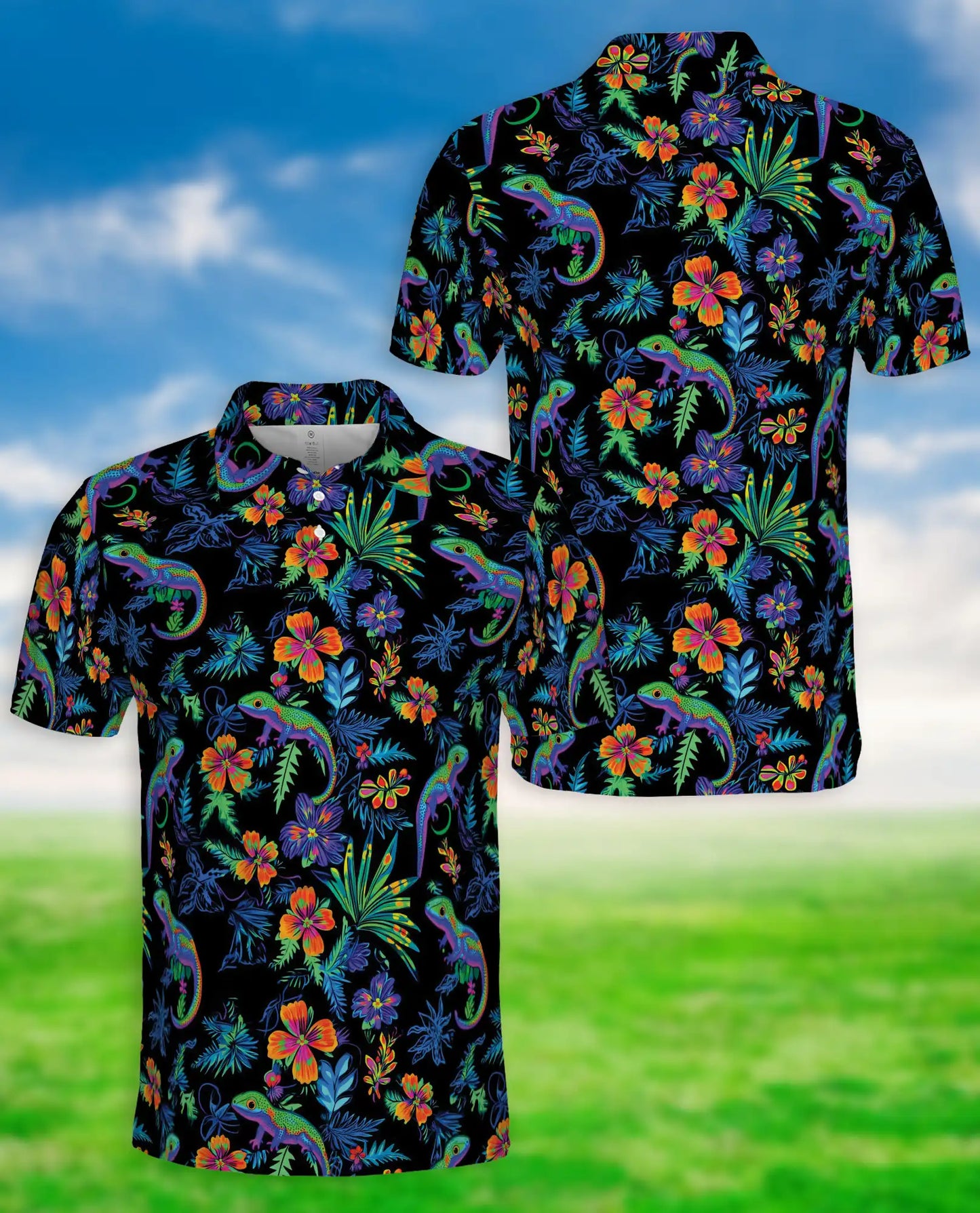 Colorful Chameleon 3D Polo Shirt for Men, Tropical Floral Reptile Style | Azhawaiian