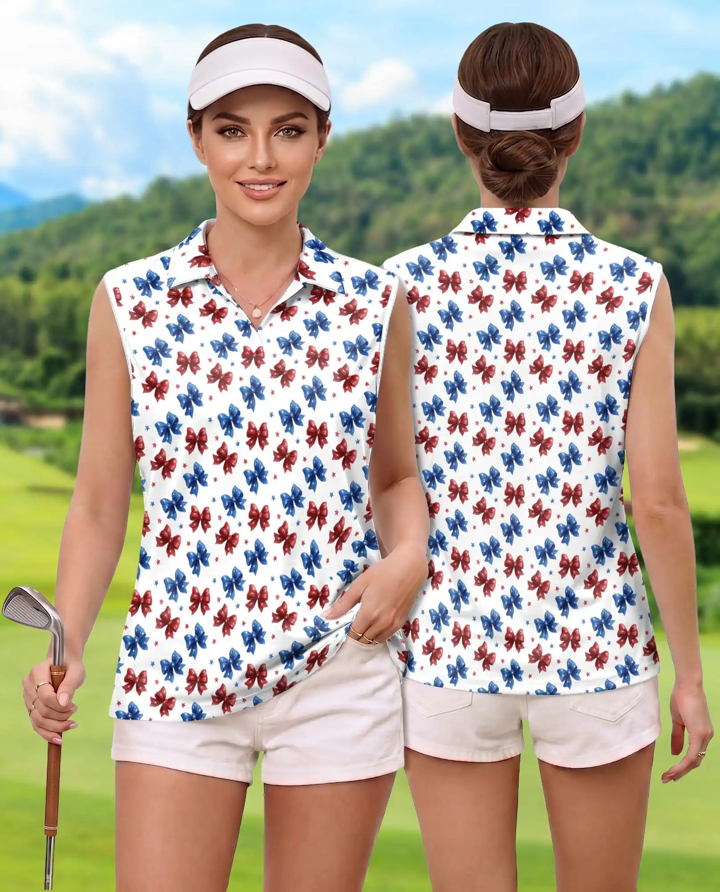 Patriotic Bow Print Sleeveless Polo Shirt for Women | Azhawaiian