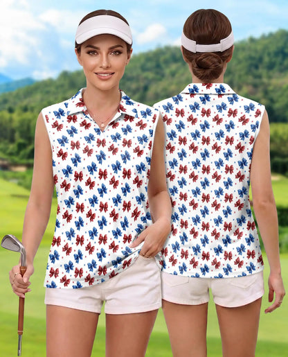 Patriotic Bow Print Sleeveless Polo Shirt for Women | Azhawaiian