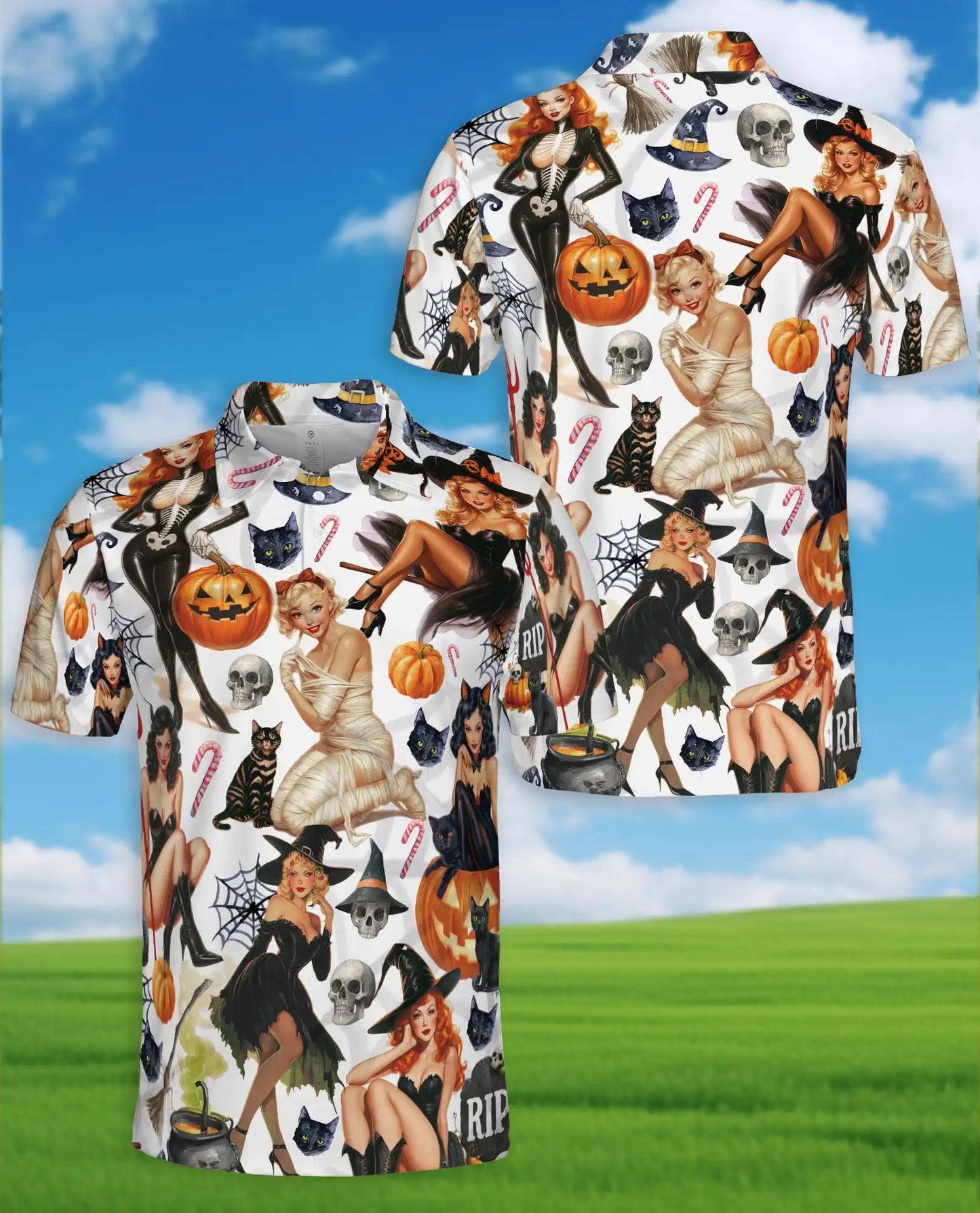 Halloween Pin Up Witch Polo Shirt - Vintage Spooky Retro Style | Azhawaiian