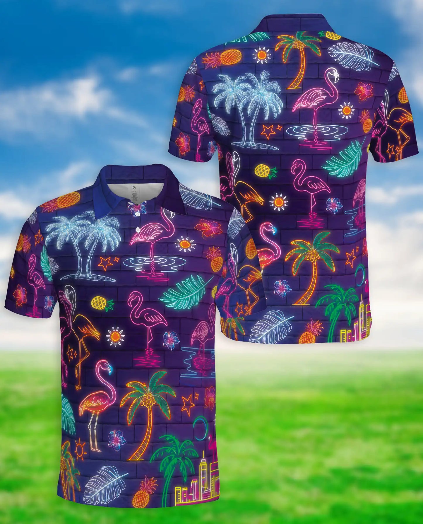 Neon Flamingo Polo Shirt, Tropical Night Print | Azhawaiian