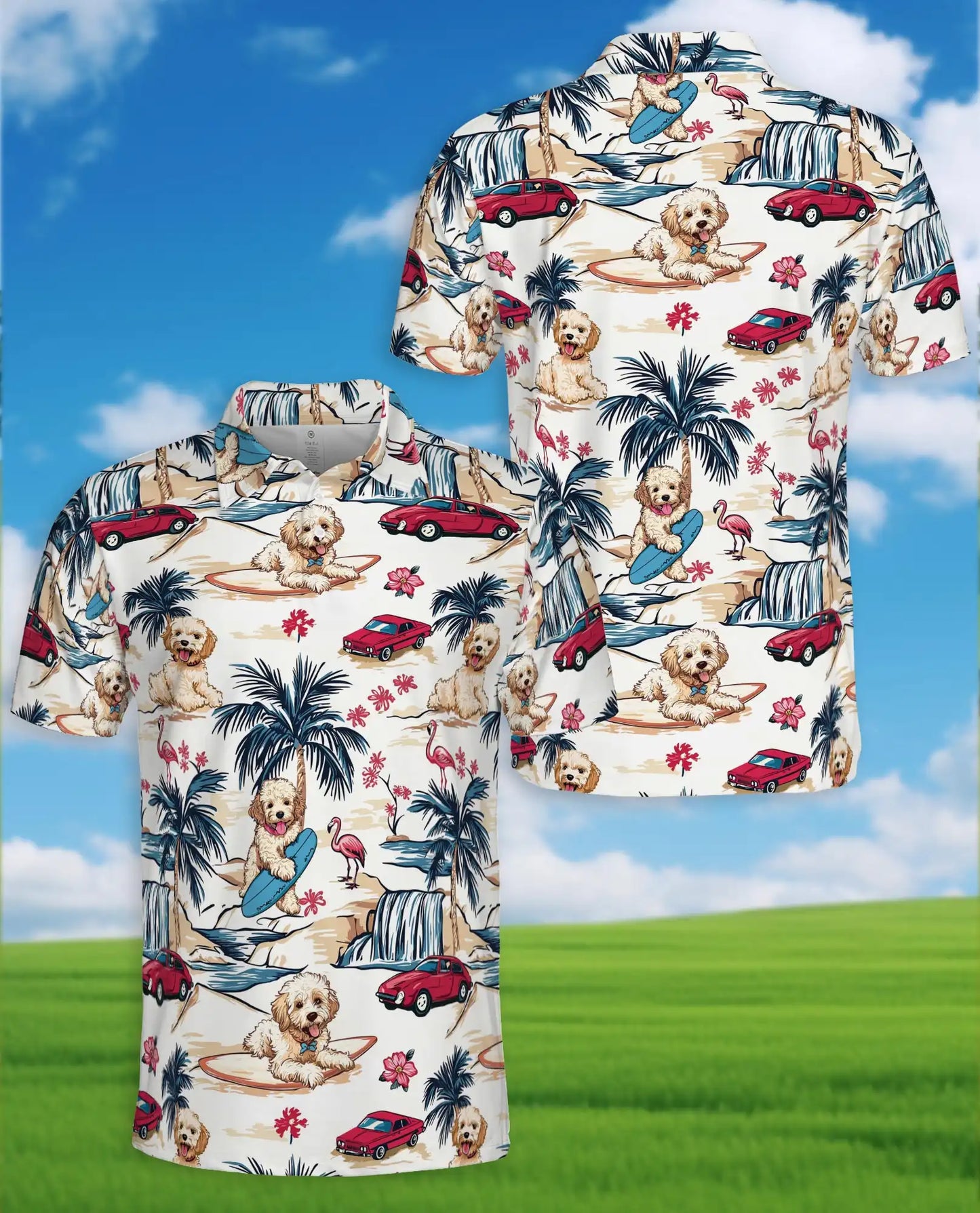 Surfing Dog Beach Polo Shirt - Coastal Tropical Vacation Style | Azhawaiian