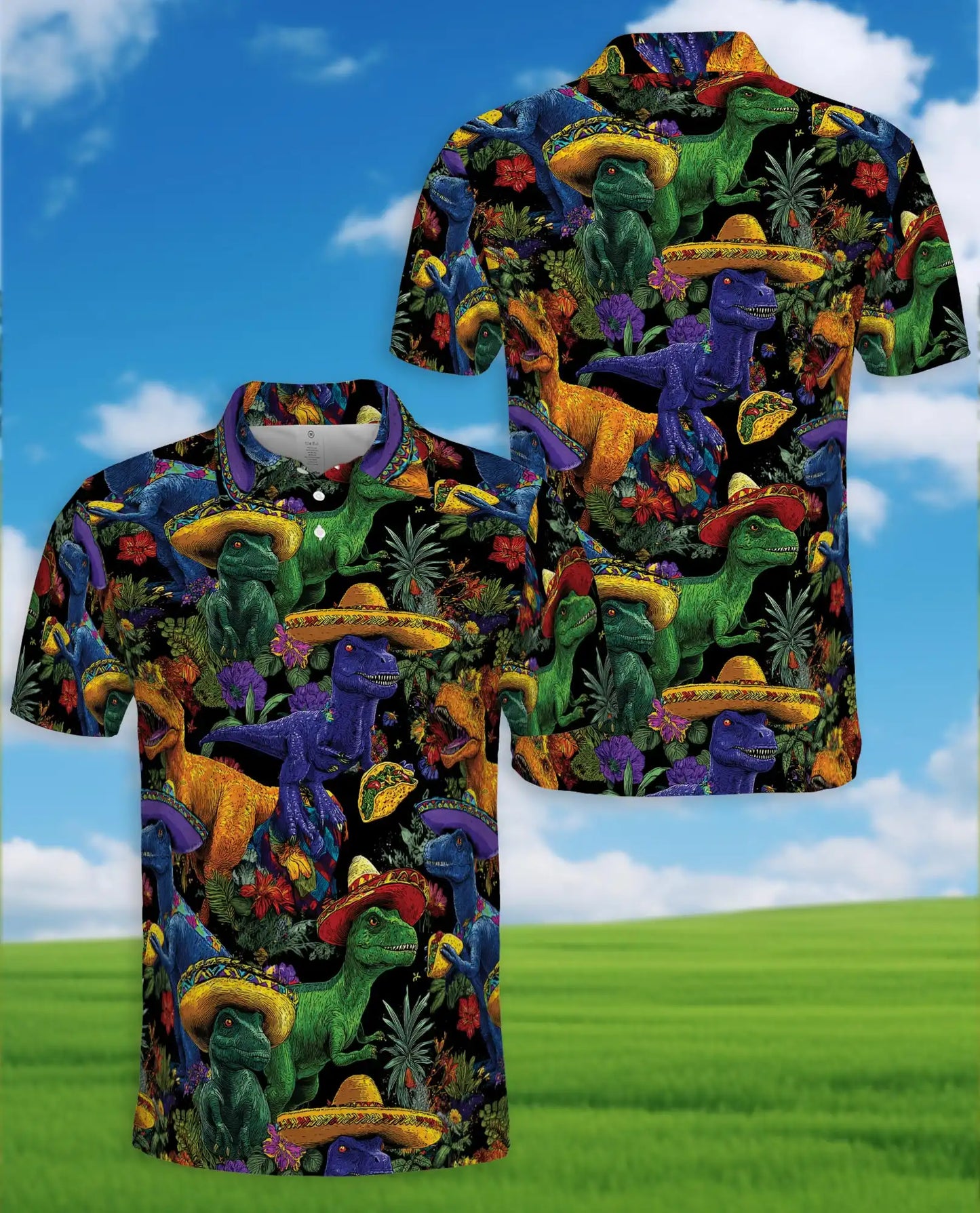 Fiesta Dinosaur Polo Shirt - Colorful Taco T Rex Style | Azhawaiian