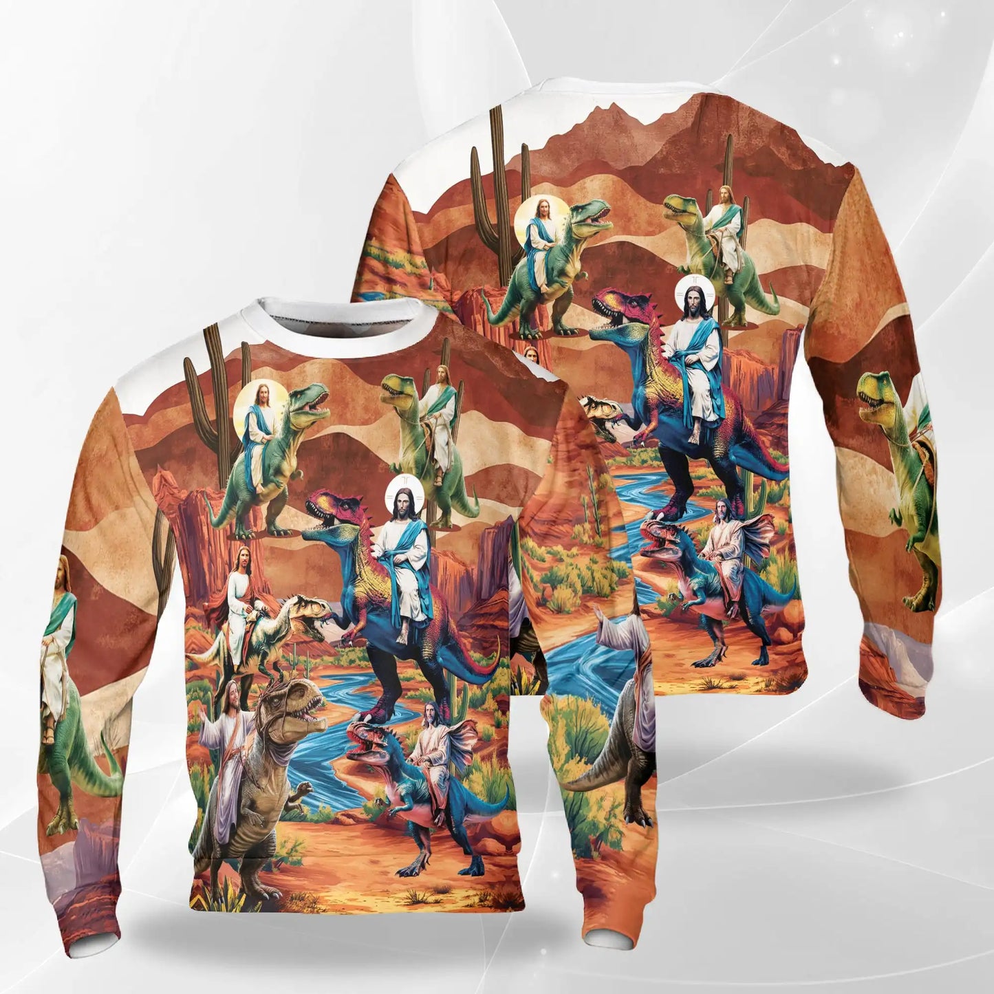 Jesus Riding Dinosaur Orange Sweatshirt – Colorful Graphic 3D All Over Print Design
