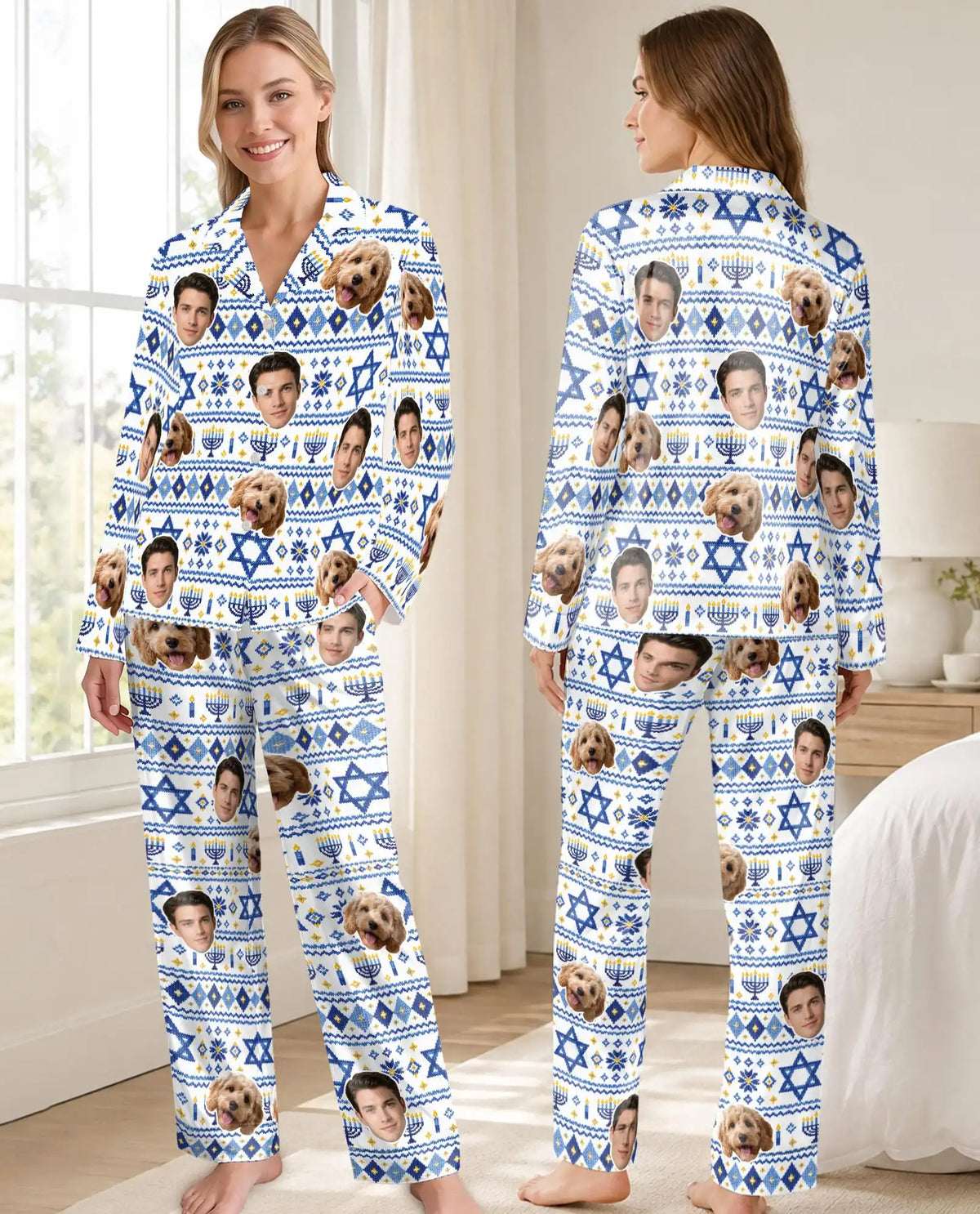 Personalized Hanukkah Photo Pajamas for Women – Custom Face & Pet Diamond Fair Isle