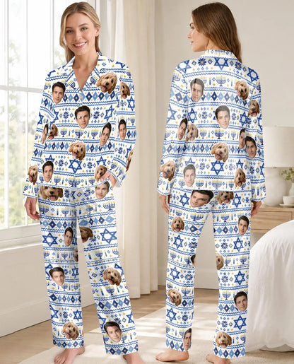 Personalized Hanukkah Photo Pajamas for Women – Custom Face & Pet Diamond Fair Isle