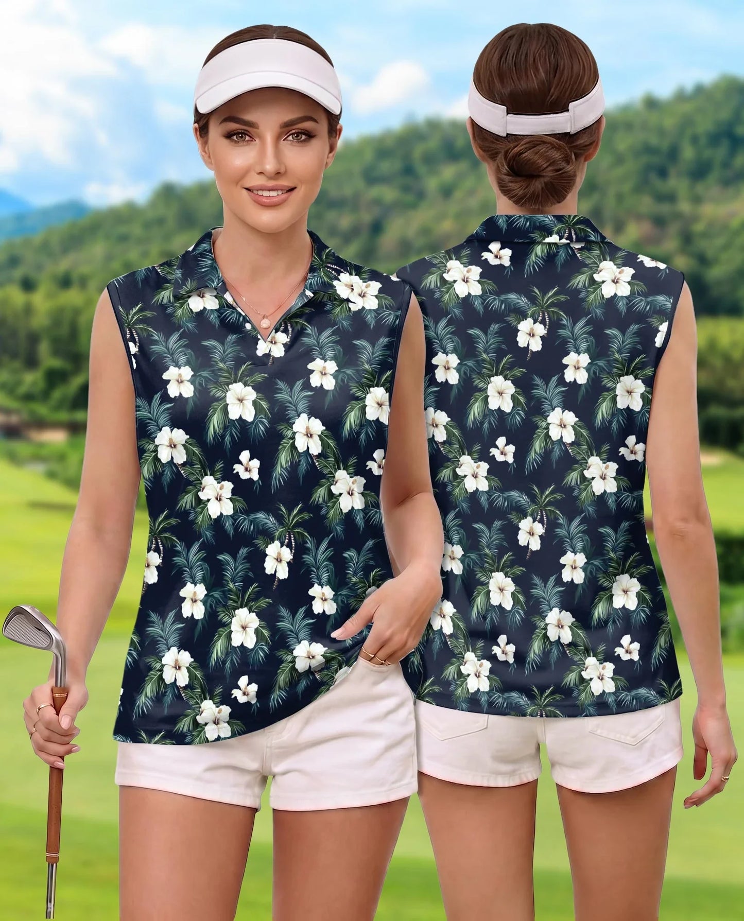Tropical Hibiscus Pattern Sleeveless Polo Shirt for Women | Azhawaiian