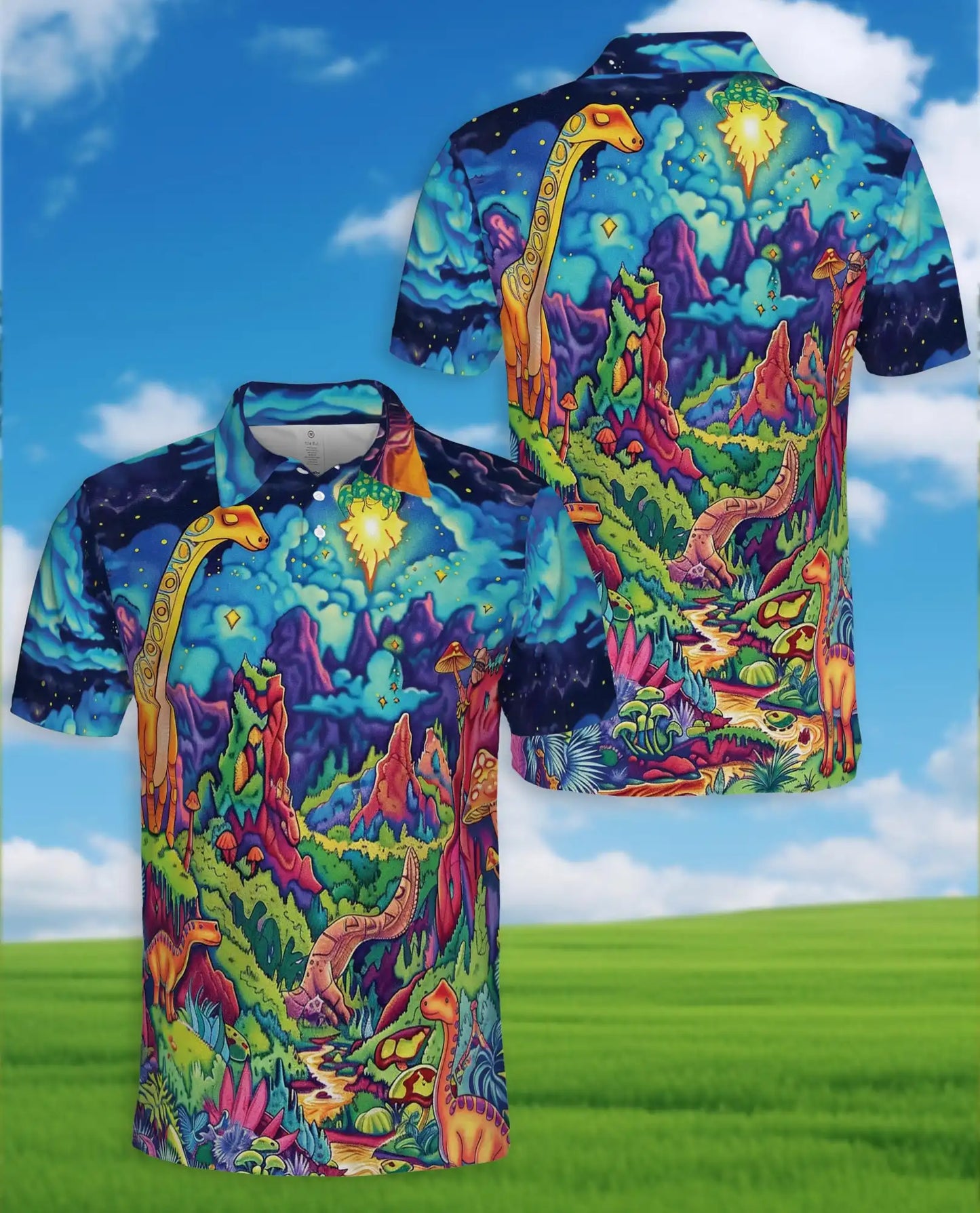 Dinosaur Fantasy Polo Shirt, Colorful Cosmic Art | Azhawaiian