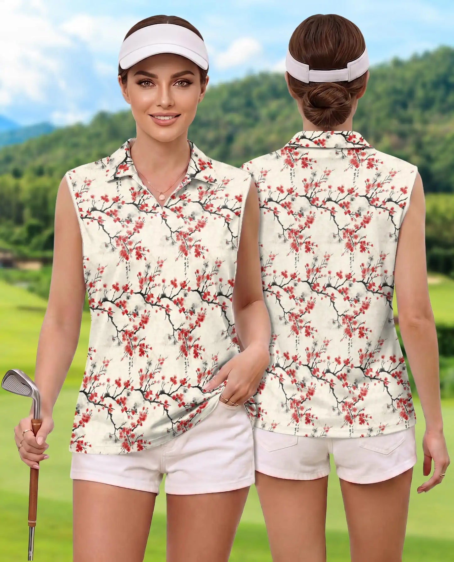 Sumi-e Cherry Blossom Branches Sleeveless Polo Shirt for Women | Azhawaiian