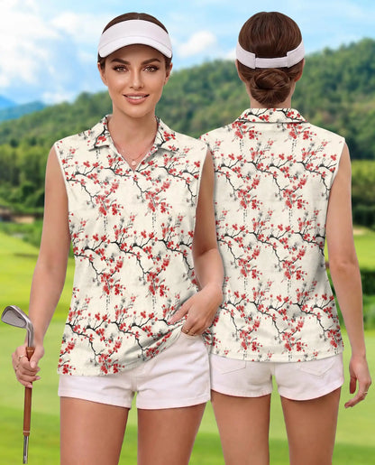 Sumi-e Cherry Blossom Branches Sleeveless Polo Shirt for Women | Azhawaiian