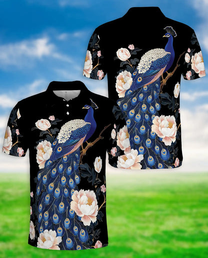 Elegant Peacock Floral Polo Shirt for Men-  Blue Peacock Bird Pattern | Azhawaiian