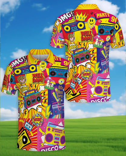 Retro 80s Disco Party Polo Shirt-Neon Boombox Music Design | Azhawaiian