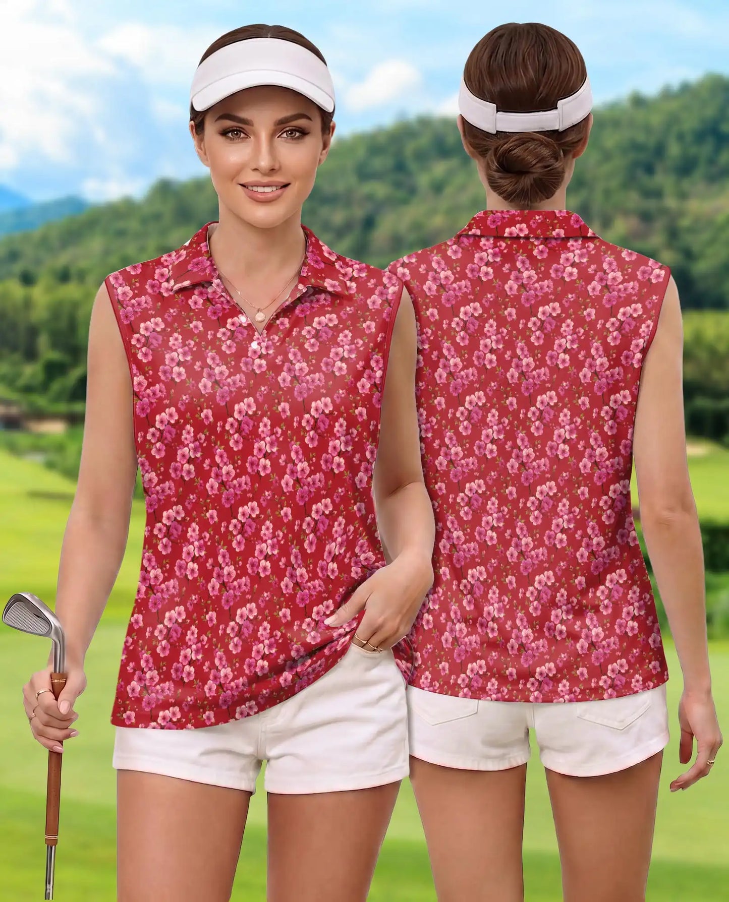 Red Cherry Blossom Sleeveless Polo Shirt for Women  | Azhawaiian