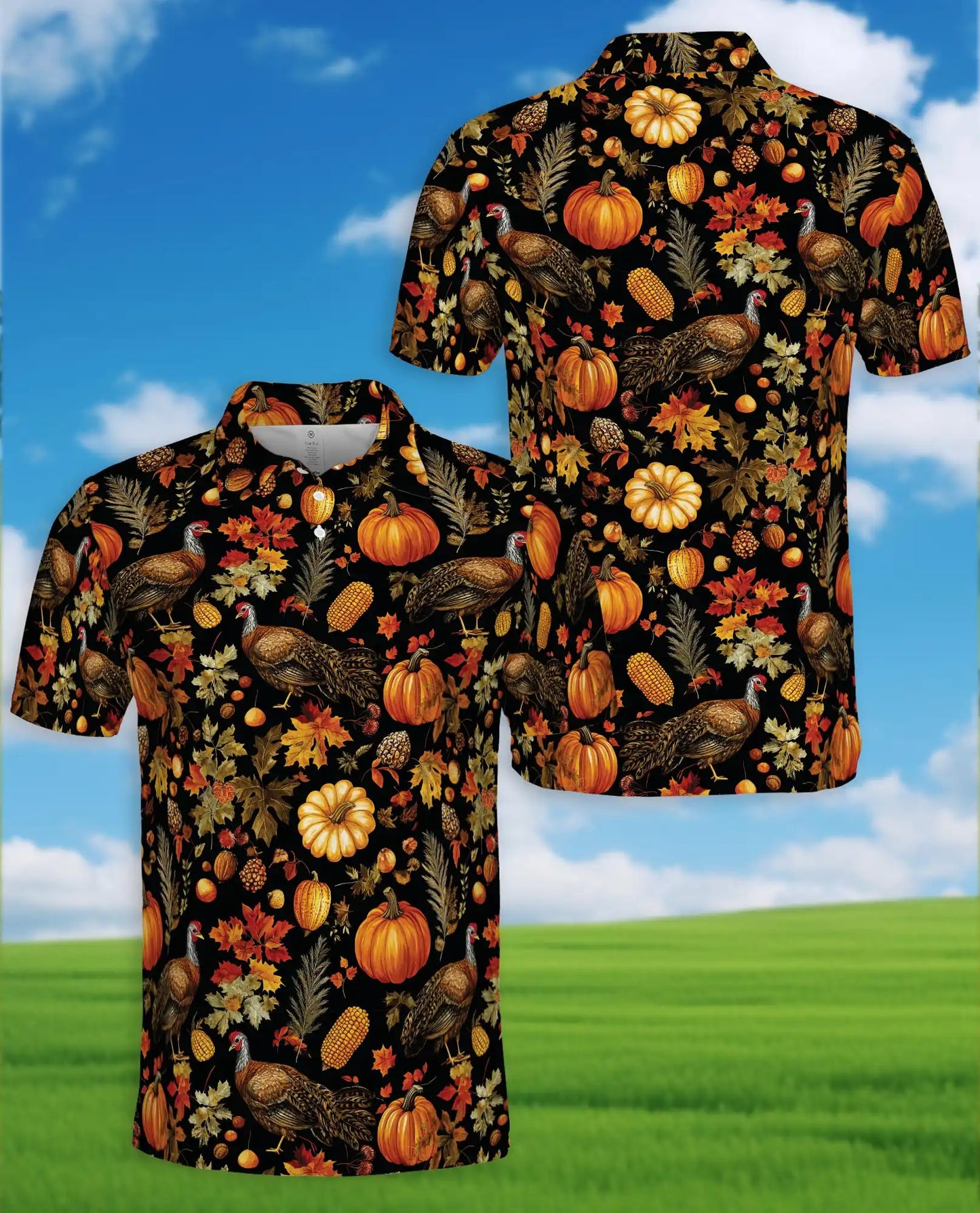 Autumn Turkey Harvest 3D Polo Shirt for Men, Rustic Thanksgiving Farm Style | Azhawaiian
