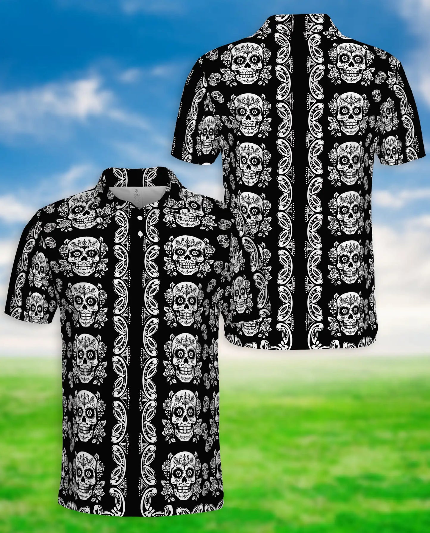 Sugar Skull Polo Shirt, Black Gothic Floral Print | Azhawaiian