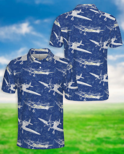 Vintage Airplane Blueprint Polo Shirt for Men-  Aviation Aircraft Print | Azhawaiian