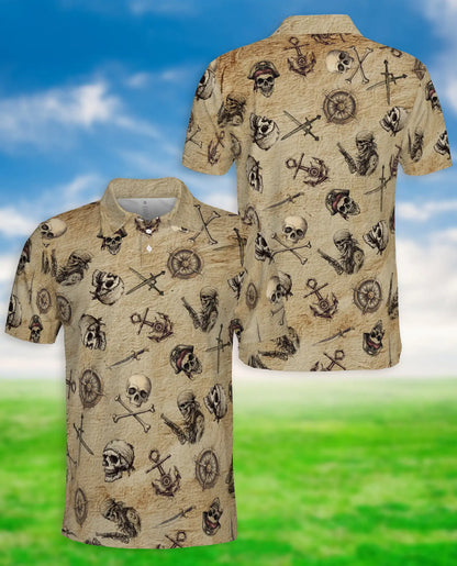 Vintage Pirate Skull 3D Polo Shirt for Men, Nautical Buccaneer Style | Azhawaiian