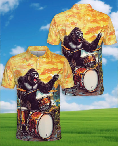 Gorilla Drummer Polo Shirt, Funny Music Style | Azhawaiian