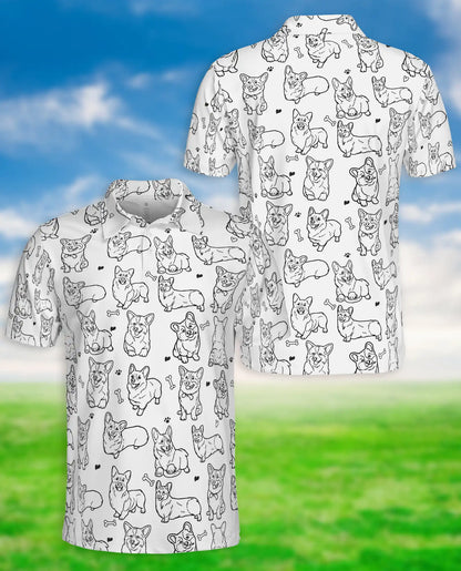 Cute Corgi Sketch 3D Polo Shirt for Men, Minimal Dog Lover Style | Azhawaiian